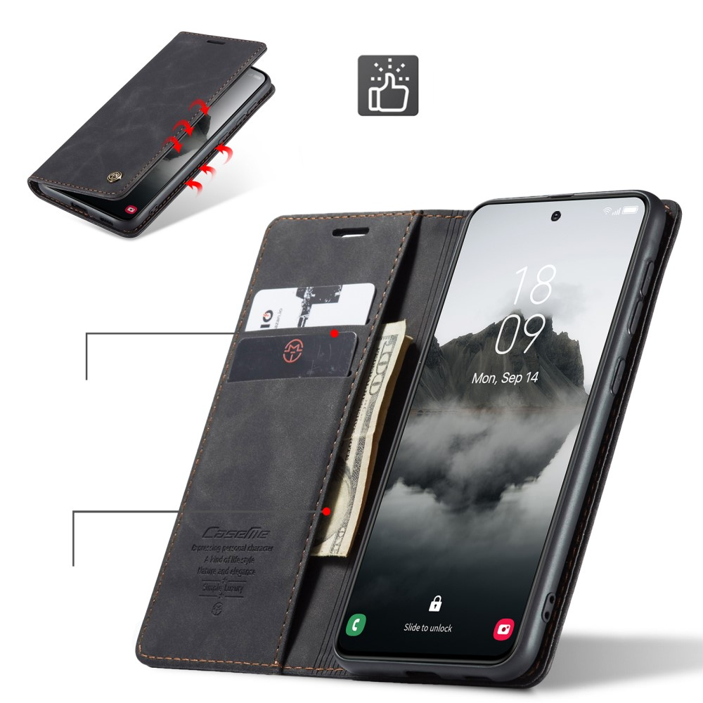 Samsung Galaxy S25 Leder Tasche Flip Wallet Etui mit Kartenfächern - Schwarz