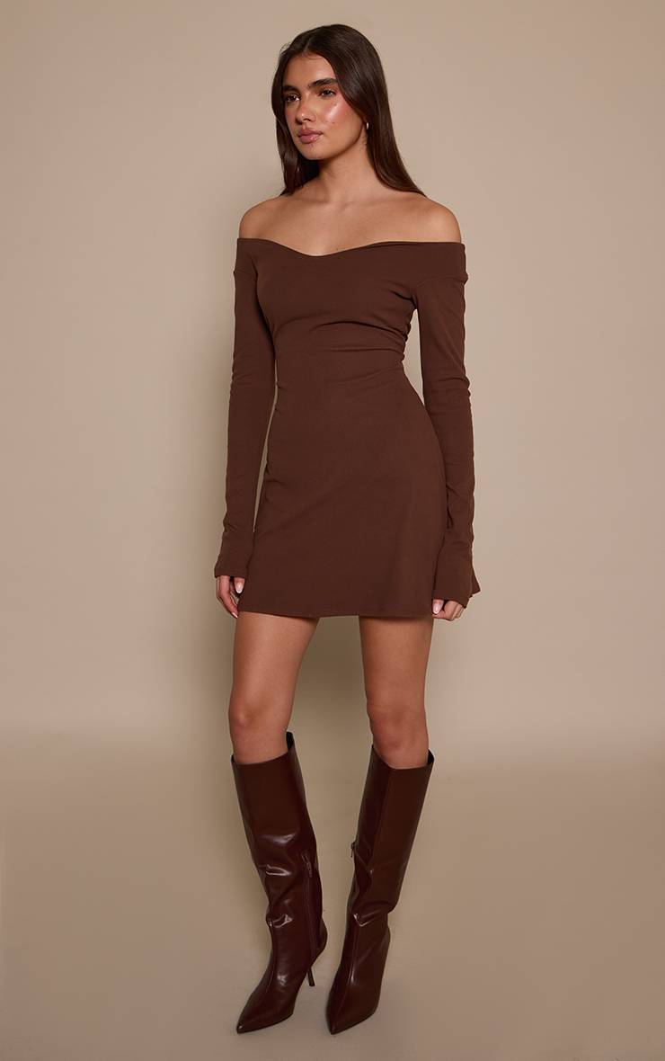 Taupe Robe Droite À Manches Longues Col V Toucher Doux