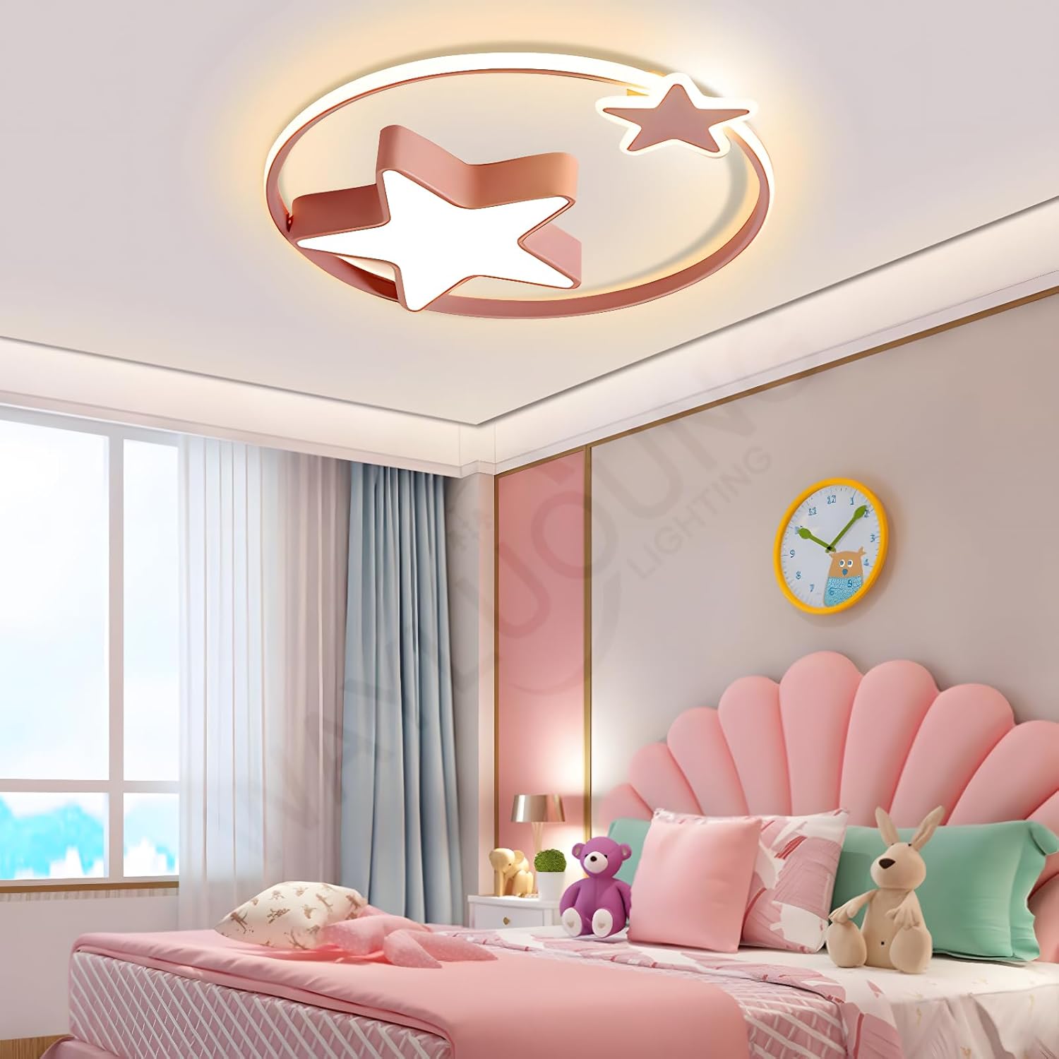 Rosa LED Deckenleuchte | Moderne Runde Kinderlampe | Sterne Sternenhimmel Kinderlicht | Ø55cm 48W | Dimmbar Mit Fernbedienung 2700K-6500K | Kinderzimmer Jungen Mädchen Deckenleuchte Schlafzimmer