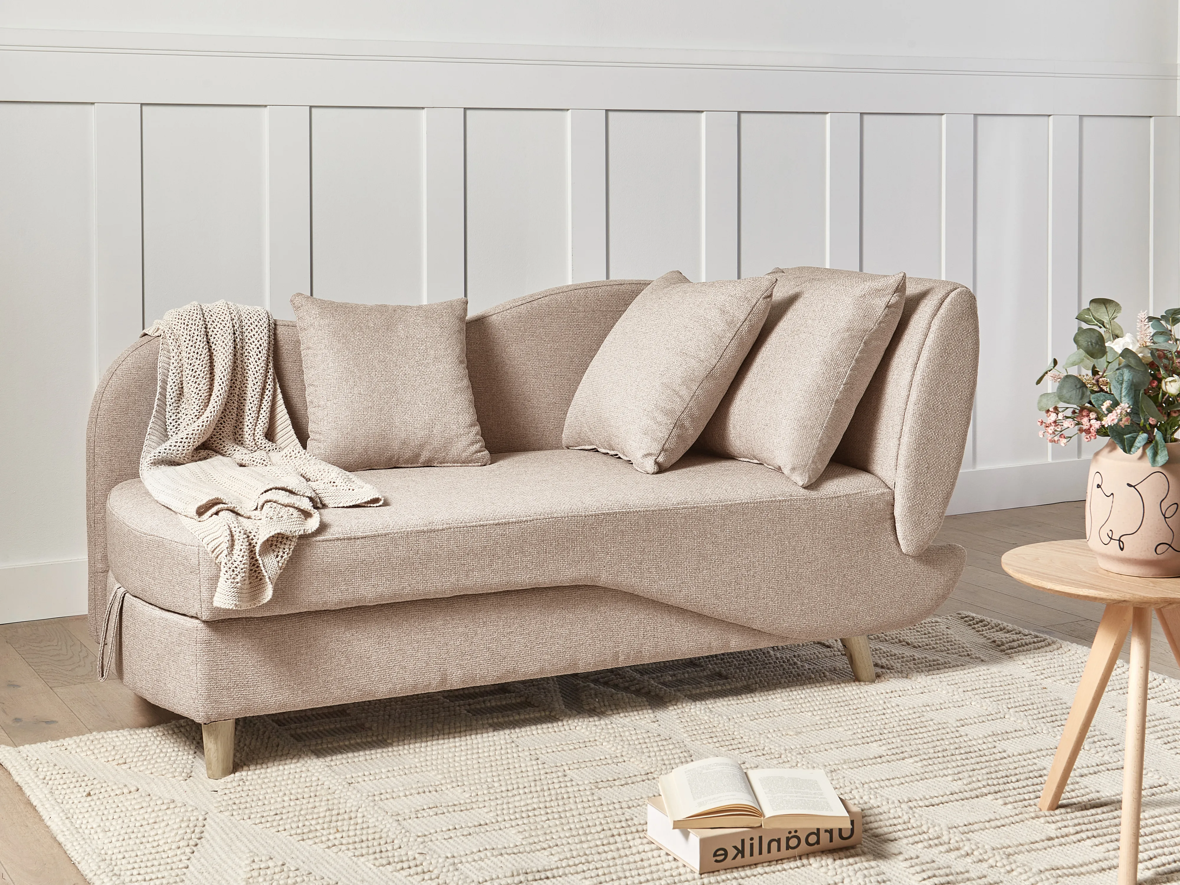 Rechtszijdige chaise longue MERI Kunstlinnen Lichtbruin met opbergruimte