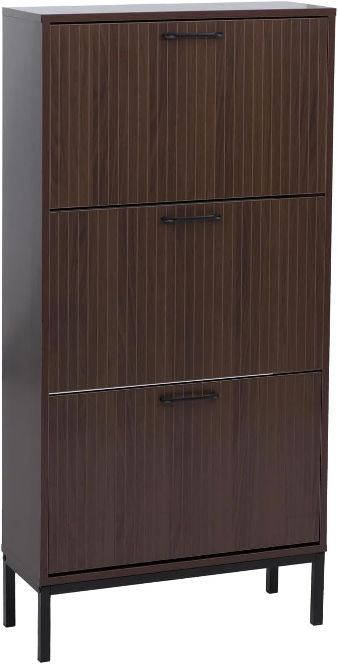 Mendler Schuhkipper HWC-P48, Schuhregal Schuhschrank, 3 Kippfächer Ablage MDF Melamin 125x60x25cm - Walnuss-Optik
