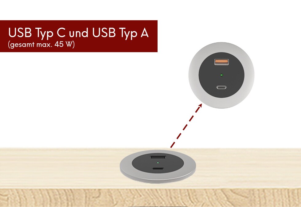kalb | USB Einbausteckdose mit 2 USB-Anschlüssen, 54mm rund für Montage in und an Möbeln / Platten, mit EU-Stecker, inkl. farbiger Blenden