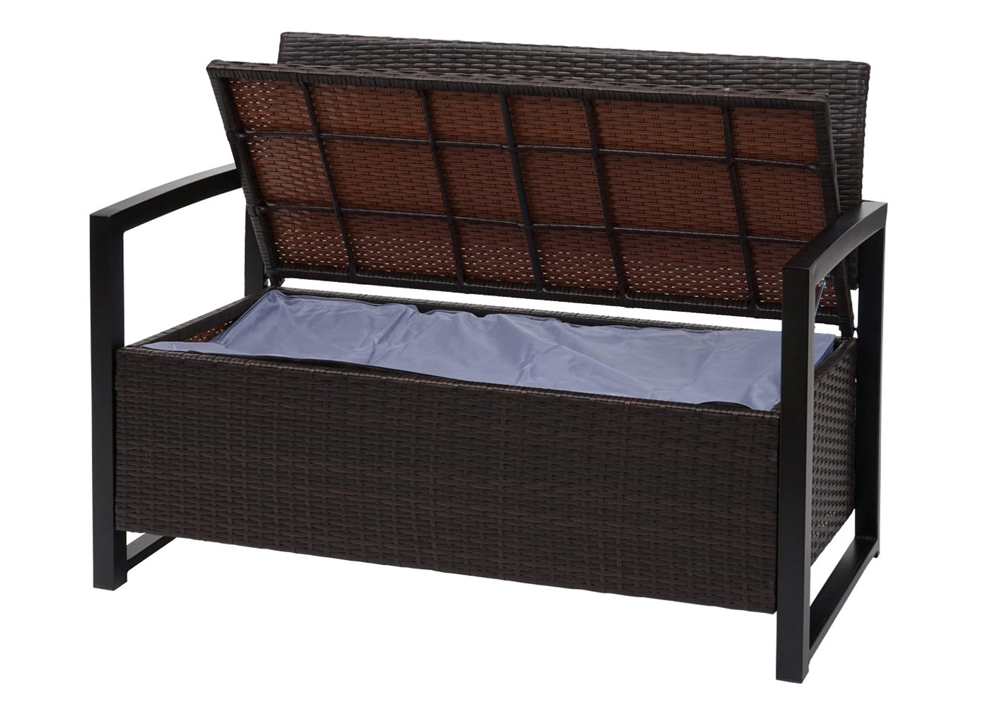 Poly-Rattan 2er Sitzbank MCW-F39, Gartenbank Truhenbank, Staufach Aufbewahrung Sitzkissen ~ braun, Kissen grün