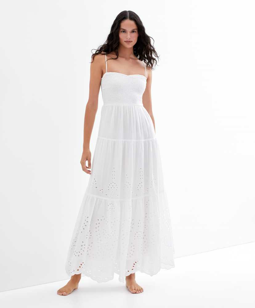 Vestido longo, 100% algodão, bordado suíço.