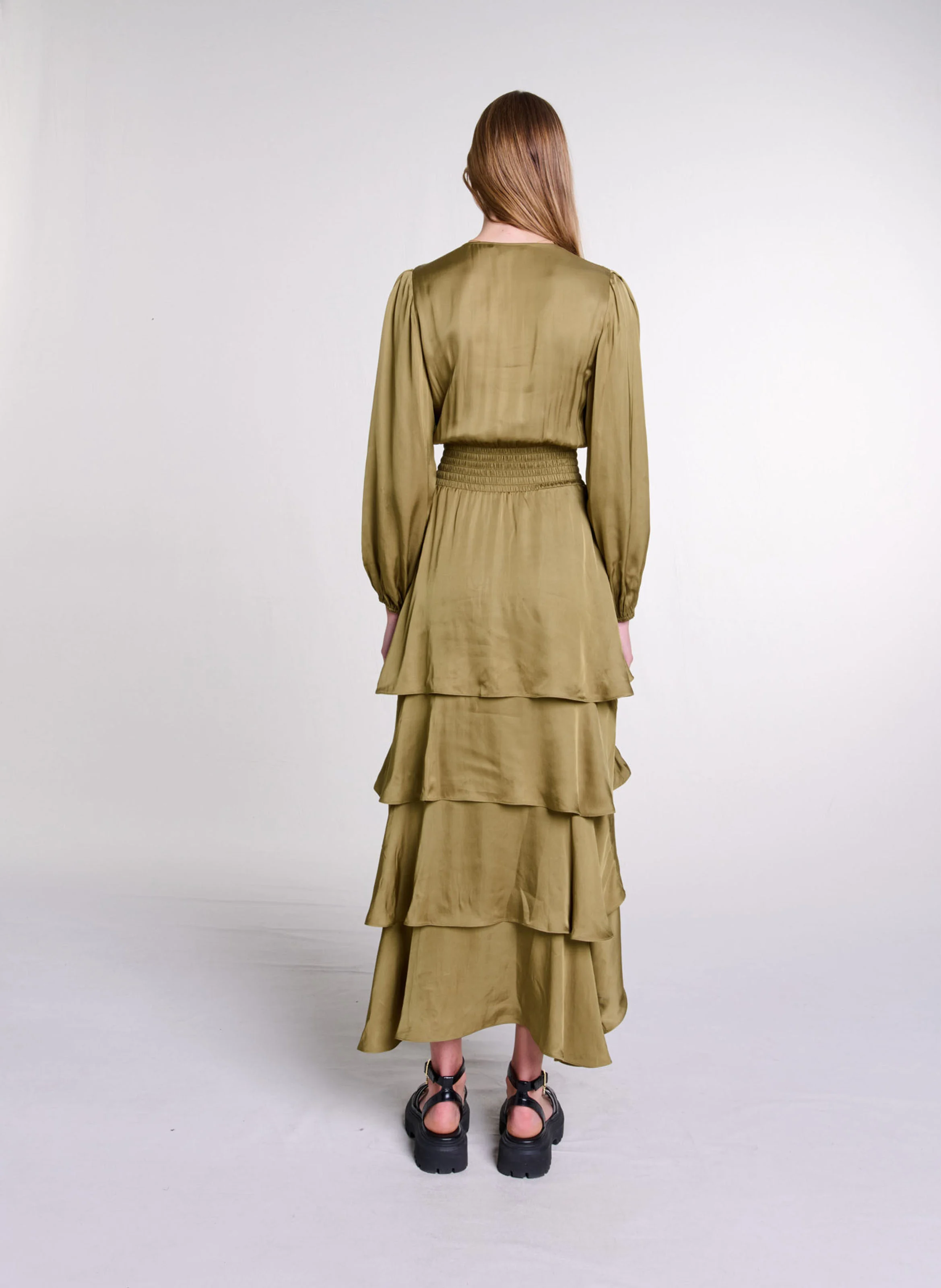 Robe longue satinée cache-cœur | Kaki