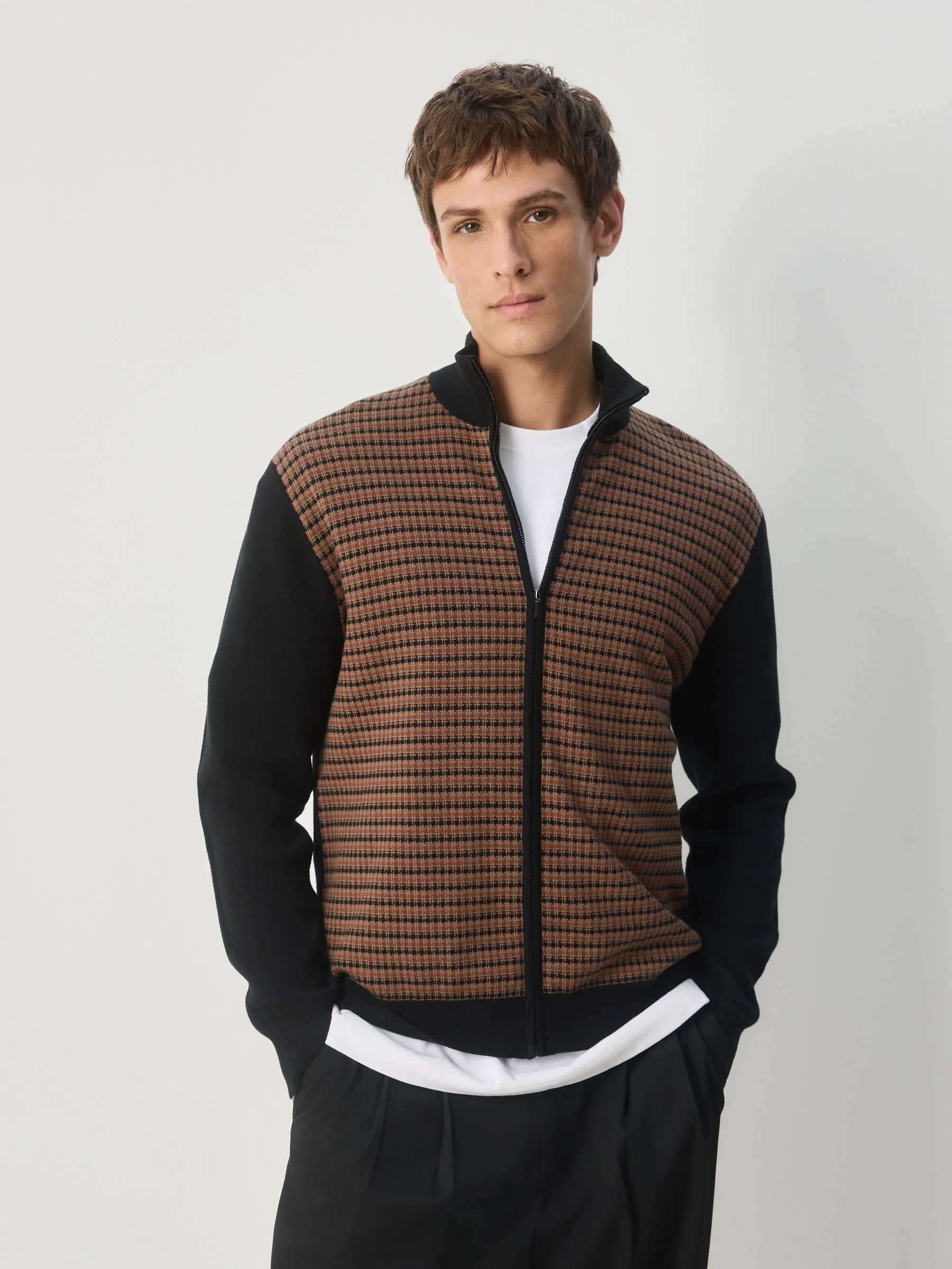 Zwart/bruin - Regular Fit Houndstooth Pattern Collared Zip-Through Cardigan