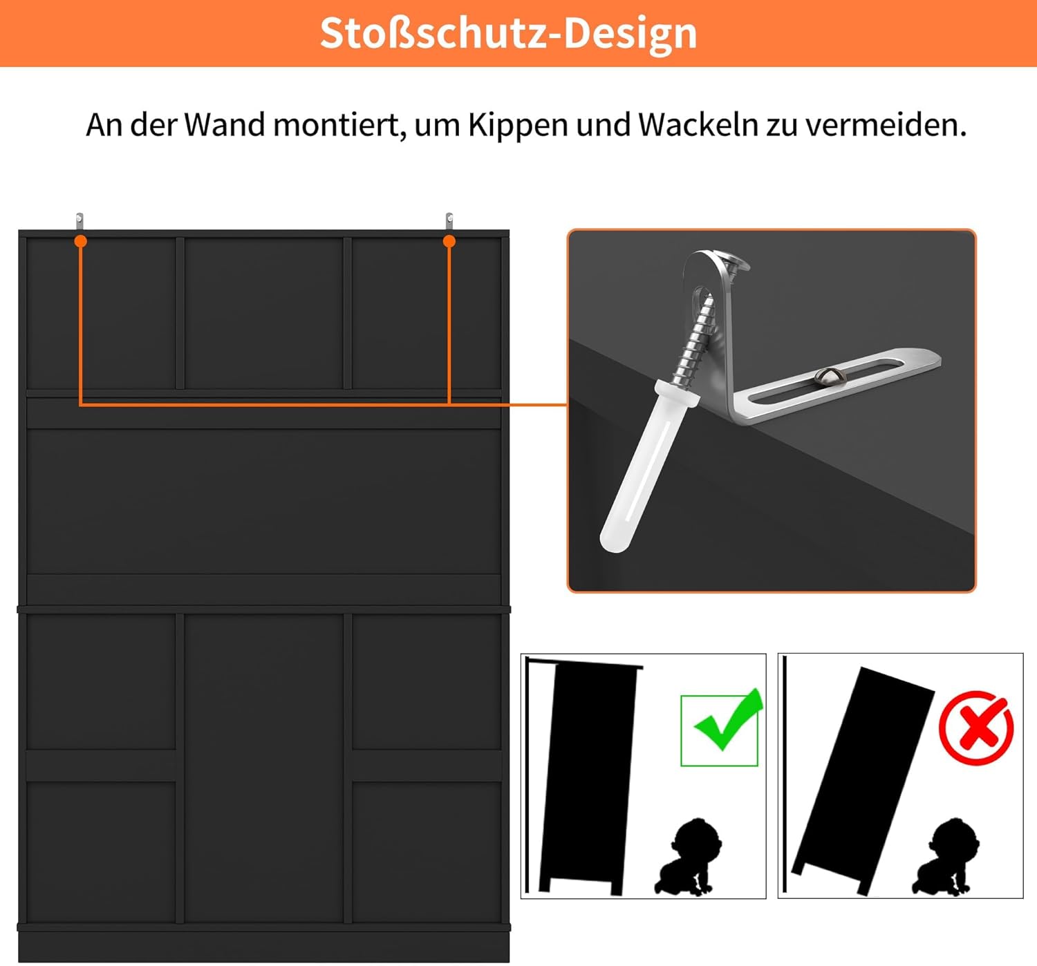 Küchenschrank mit verstellbaren Ablagen & Weinregal, Hochschrank Küchenbuffet mit 4 Türen & 2 Schubladen, Sideboard für Küche & Wohnzimmer, Buffetschrank, Schwarz