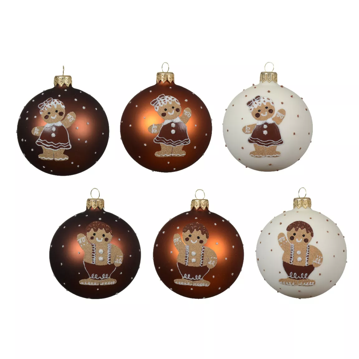 Lot de 6 boules de Noël en verre (D80 mm) Garçon et Fille Pain d'épice