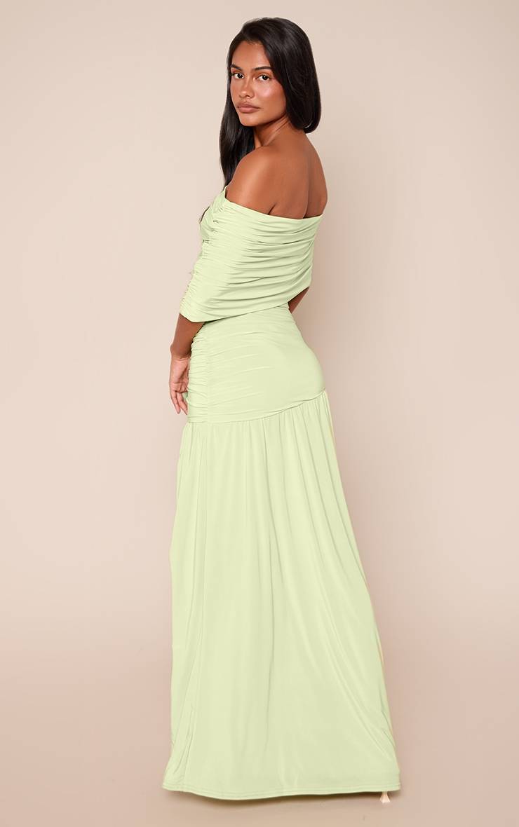 Citron Vert Robe Maxi Froncée À Une Épaule Bardot Double Couche En Jersey Slinky