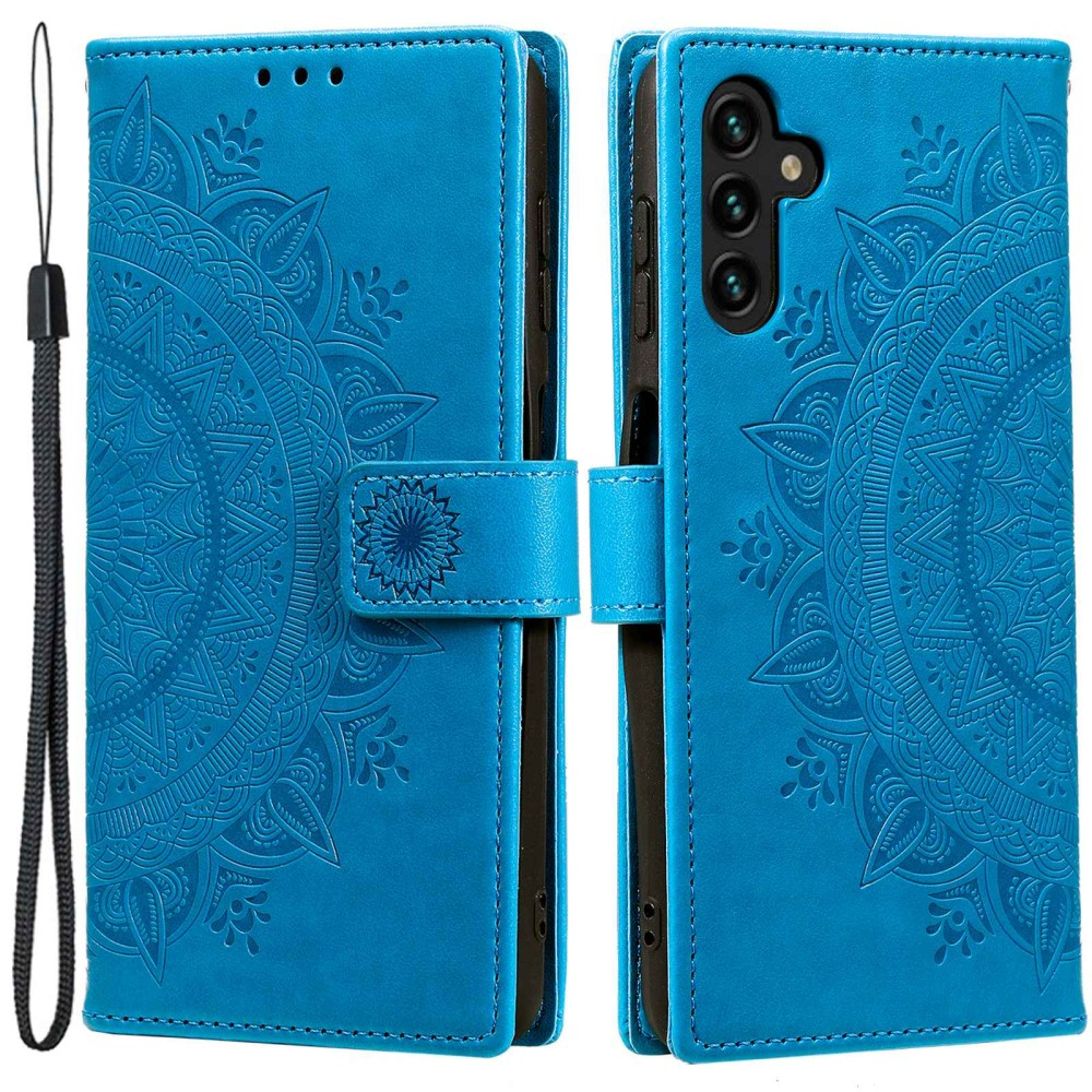 Samsung Galaxy A54 5G Leder Tasche Wallet - Mandala Flowers Imprint - Blau