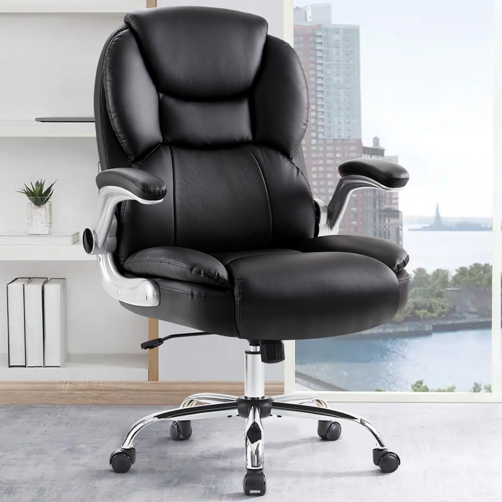 IWMH Bürostuhl Ergonomischer Schreibtischstuhl Chefsessel Drehstuhl mit hochklappbarer Armlehne, höhenverstellbar, Computerstuhl für Büro, Wohnungen, 180KG belastbarkeit (Schwarz)