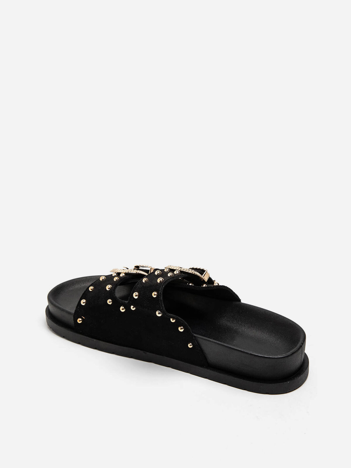 Mules en suédine à boucles et clous dorés- Noir