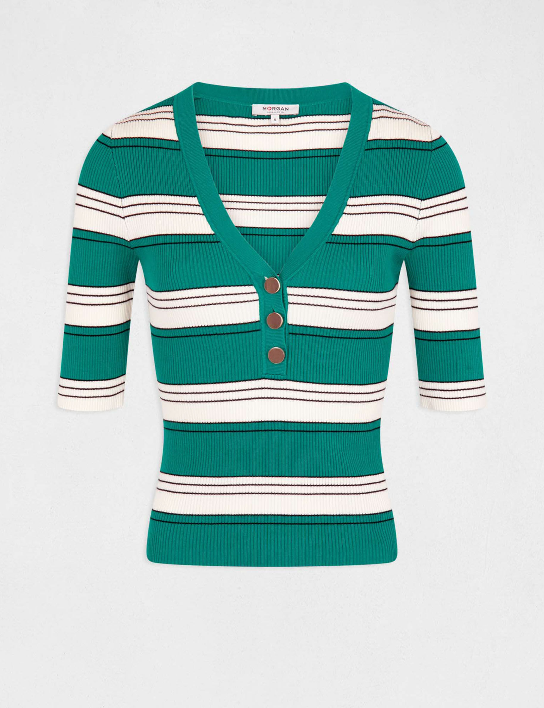 Pull manches courtes à rayures vert moyen femme - vert_moyen