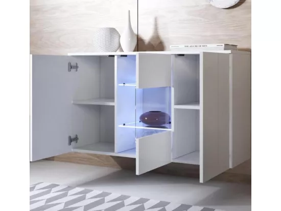 Bahut Buffet bas pour Salon Salle à manger en Blanc avec LED 120x40x70cm Luke A2