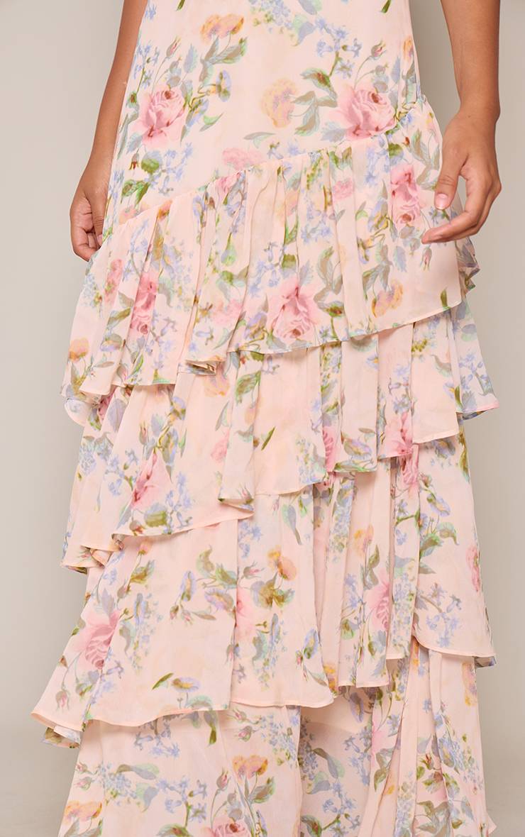 Crème Robe Maxi En Mousseline À Imprimé Floral Avec Ourlet À Volants