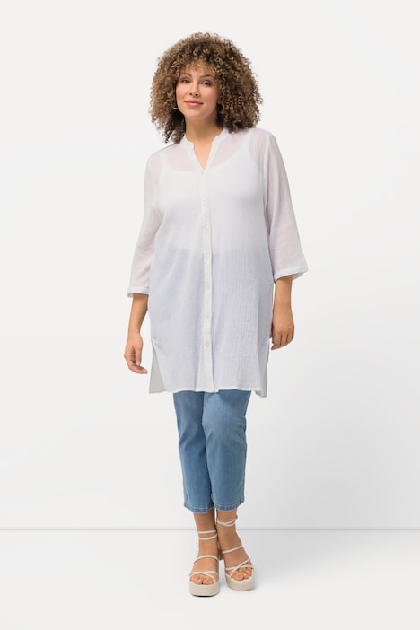 Longbluse, Krepp, Stehkragen, V-Ausschnitt, 3/4-Arm