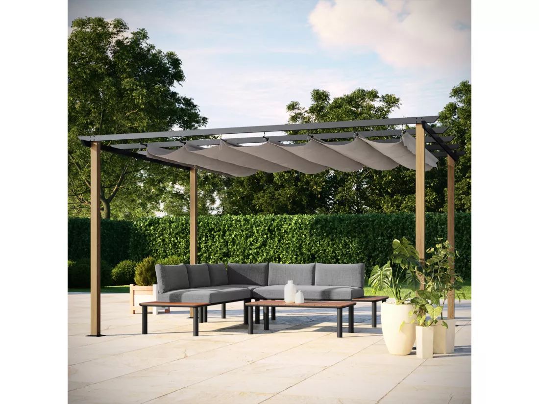 Tonnelle/Pergola en aluminium 3x4m toile coulissante rétractable - bois et gris - HAWAI