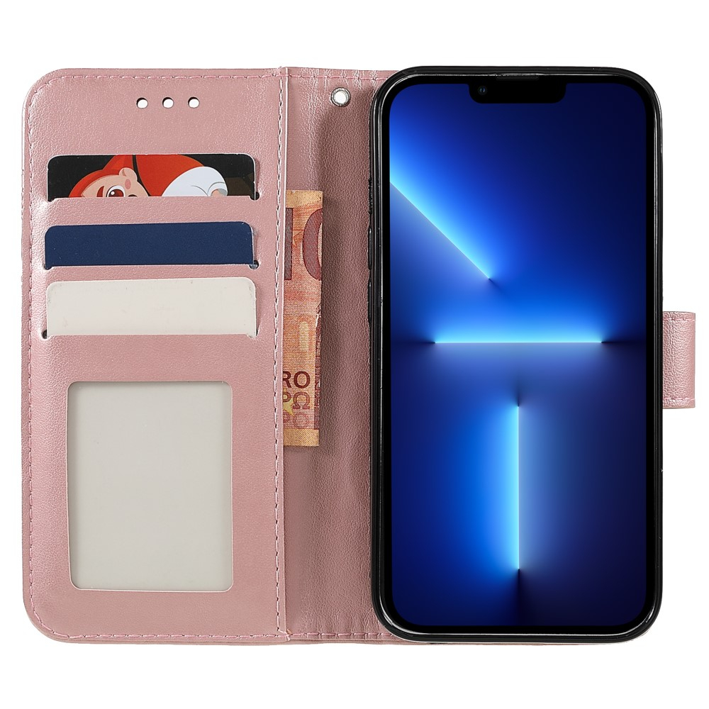iPhone 13 Pro Leder Tasche Wallet - Mandala Flowers Imprint - Roségold