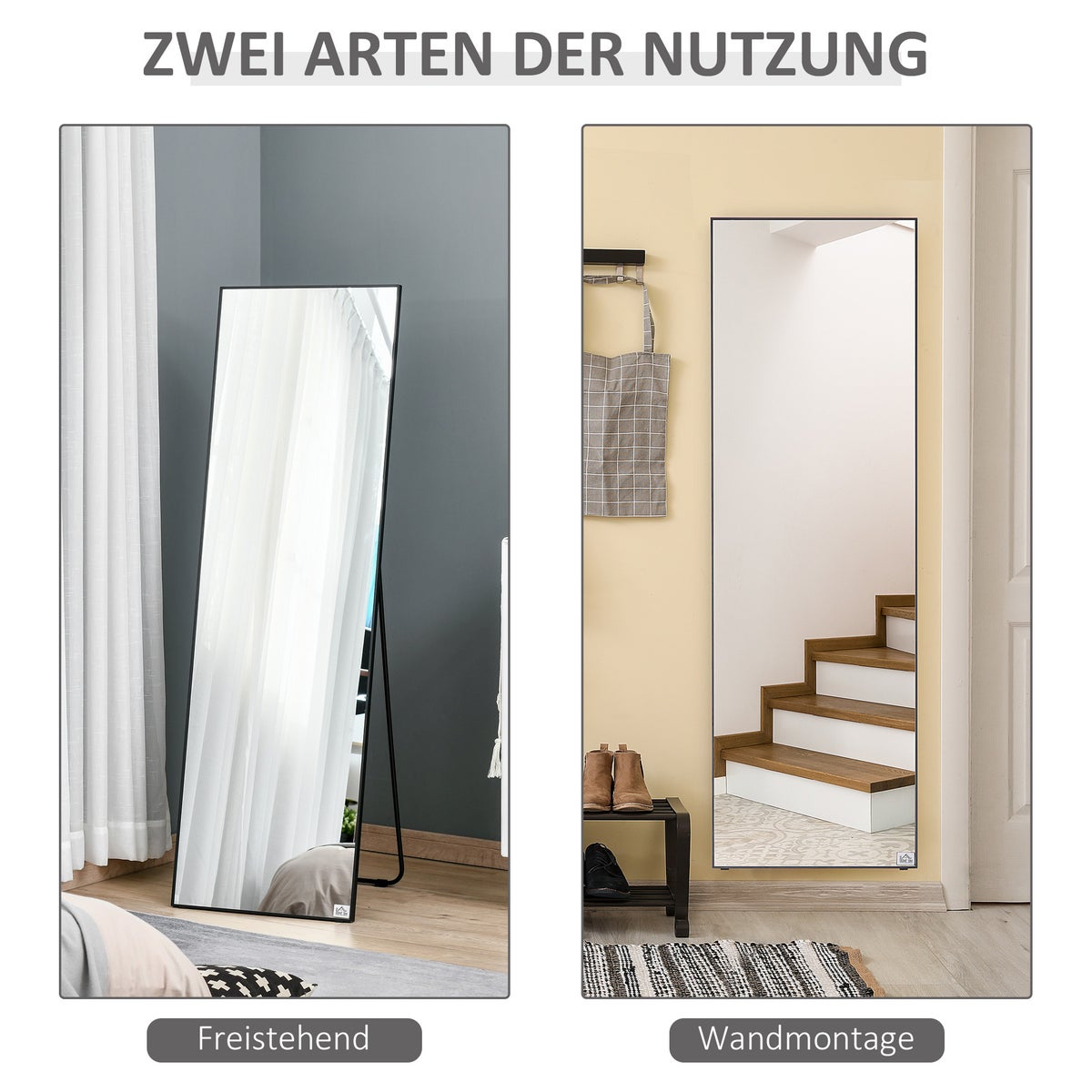 HOMCOM vrijstaande spiegel met standaard, voor slaapkamer, hal, 50 x 161,5 cm, aluminium, zwart