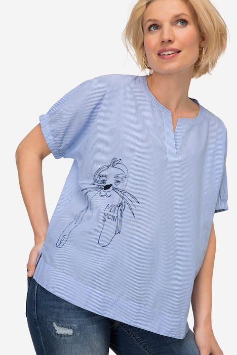 Streifenbluse, oversized, Robben Print, Halbarm