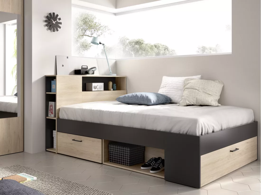 Lit avec tête de lit rangements et tiroirs - 120 x 190cm - Coloris : Naturel et anthracite - LEANDRE