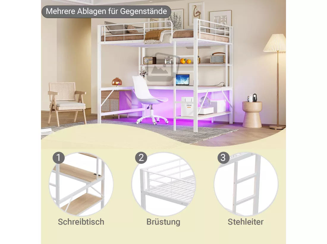 Lit mezzanine garde-corps et escabeau - 140 x 200 cm - avec USB et secteur - LED et bureau - sans matelas - métal - white