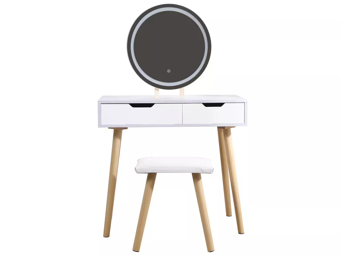 Coiffeuse table de maquillage avec miroir LED et tabouret coloris blanc H130 x L80 x P40 cm