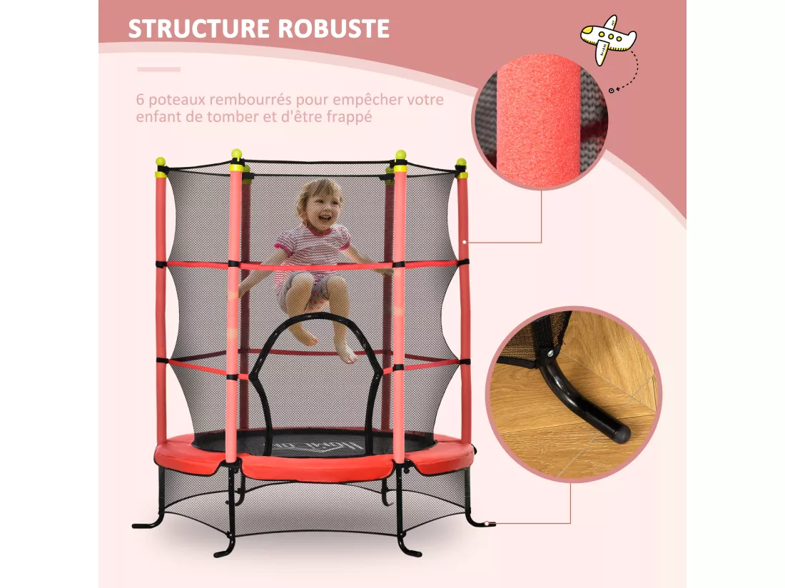 Trampoline enfant Ø 1,63 × 1,63H m filet de sécurité porte zipée couvre-ressorts 6 poteaux rembourrés inclus rouge