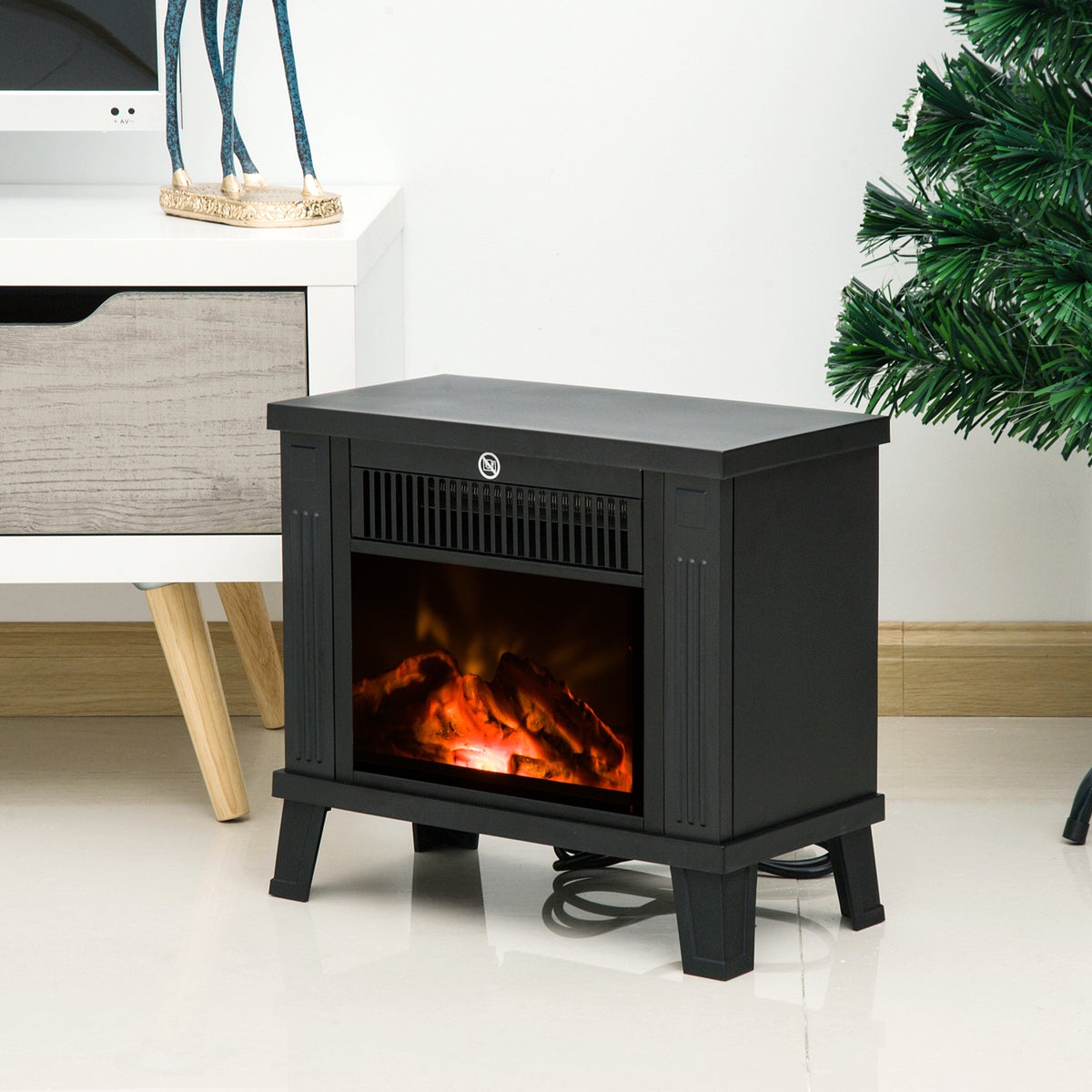 HOMCOM Elektrische haard met vlameffect, vuur, 600/1200W, 34 x 17 x 31 cm, metaal, zwart