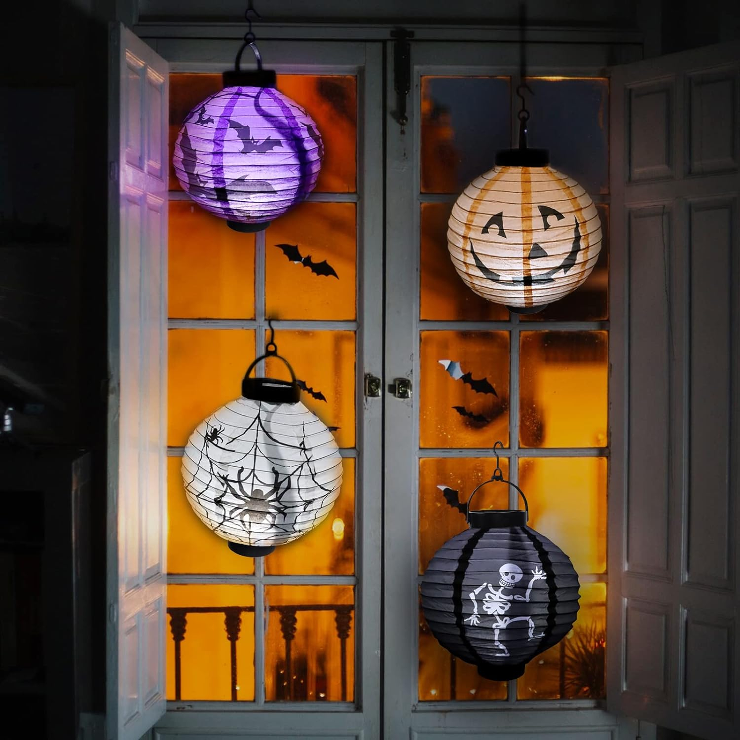 (6er Set) Ø20cm Halloween Party Lampion LED Herbst Deko Beleuchtung (Batteriebetrieben) - Kürbis / Spinne / Skelett / Fledermaus