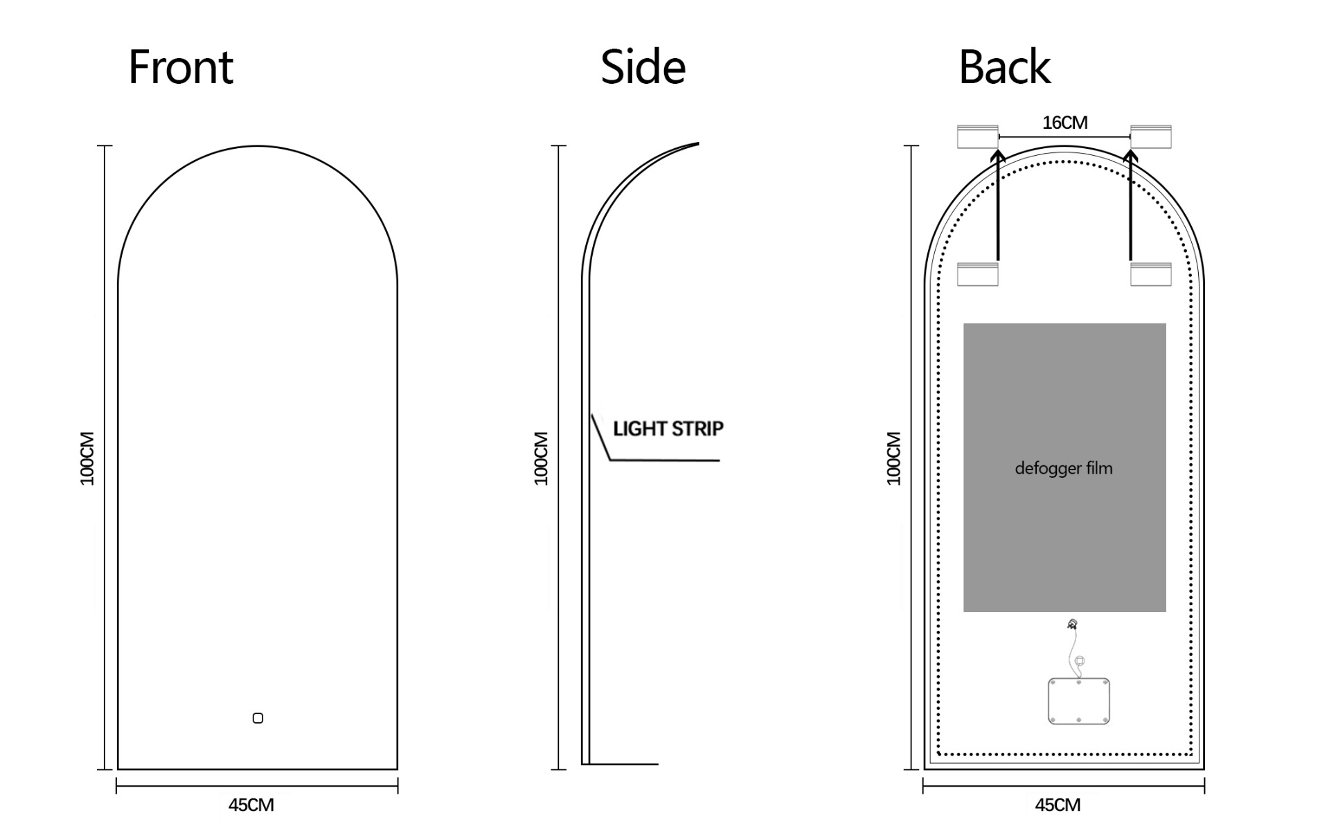 Set van 2 Saniclear Arc toog spiegel met zwarte lijst 45x100cm met verlichting en verwarming
