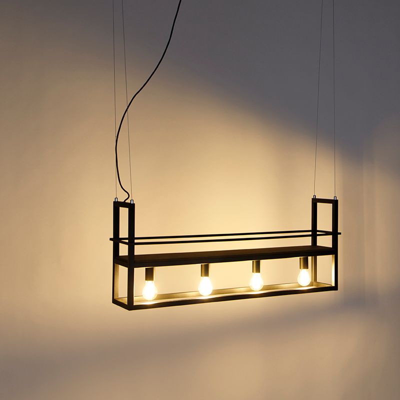 Smart hanglamp zwart met hout en rek 4-lichts incl. Wifi A60 - Cage Rack