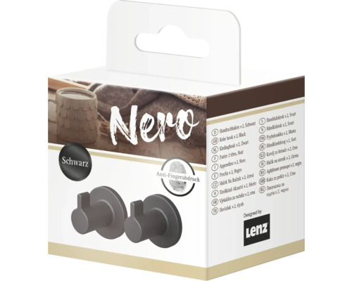 Lenz NERO zwarte handdoekhaken, 2 stuks