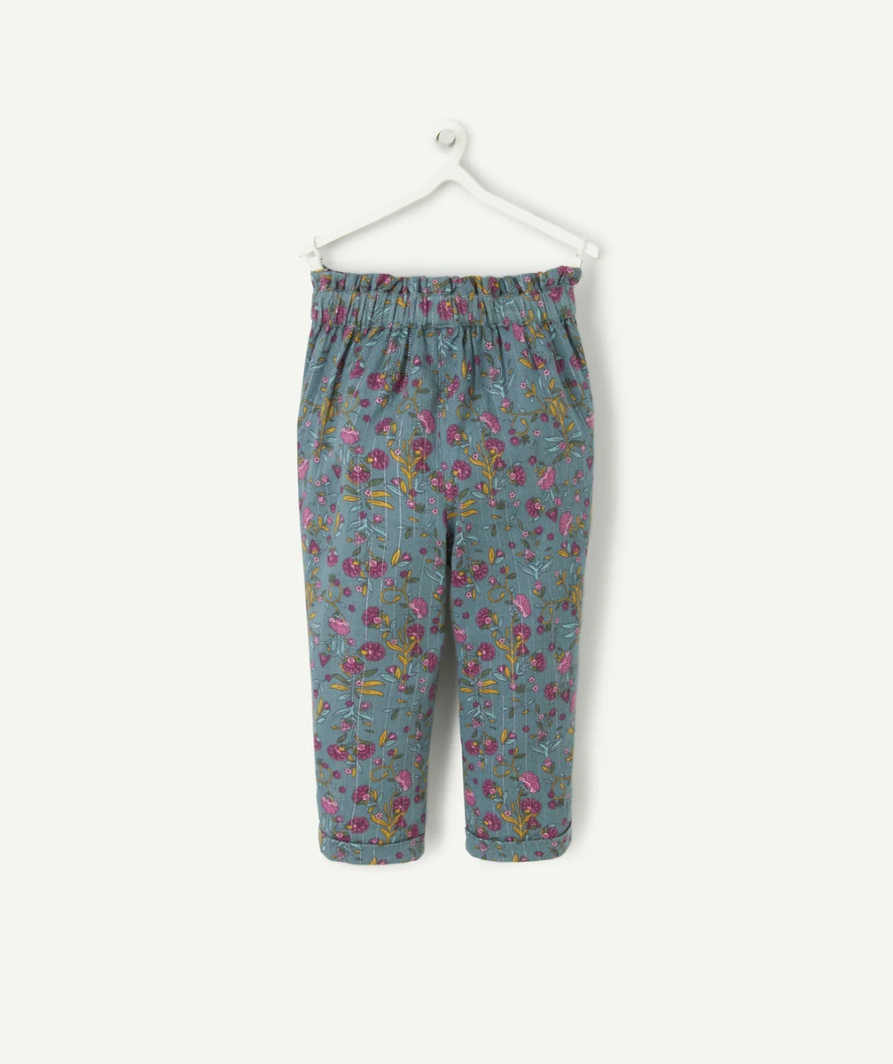 PANTALON CHINO BÉBÉ FILLE BLEU CANARD IMPRIMÉ FLORAL AVEC LISERÉS