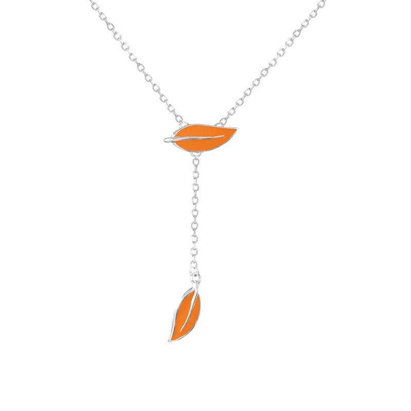 Collier feuilles en argent rhodié et émail orange