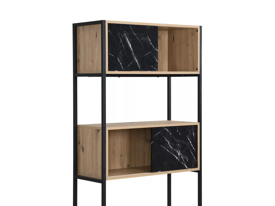 Bibliothèque avec 4 portes et 2 niches en MDF et acier - Effet marbre noir et naturel - YELANIA