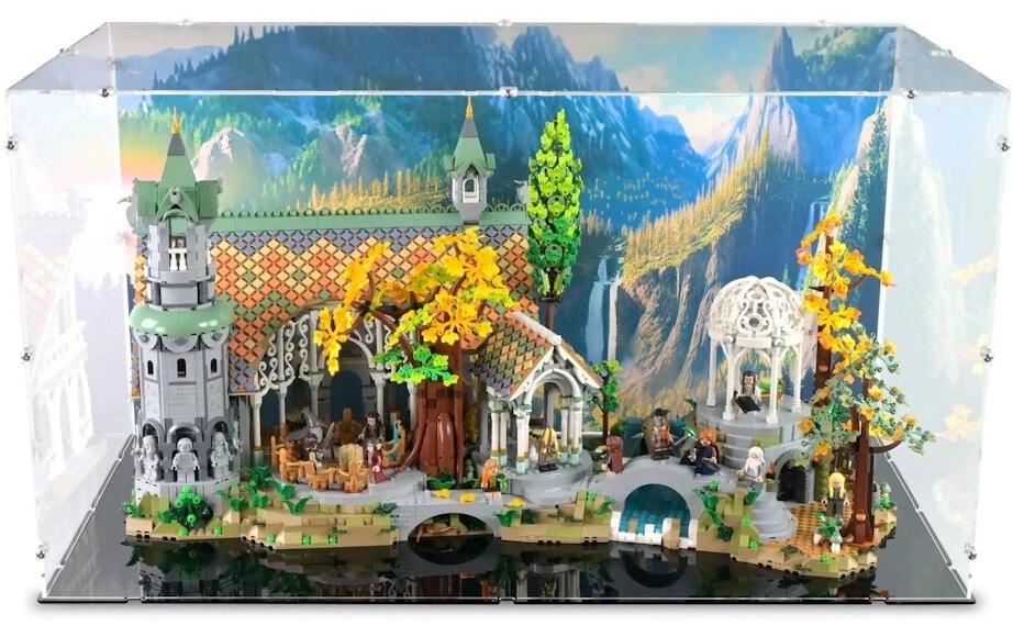 Baukasten Acryl-Display für LEGO 10316 Herr der Ringe<br>Acry-Display-Box mit Hintergrundbild und schwarzem Boden für LEGO der Herr der Ringe: Bruchtag