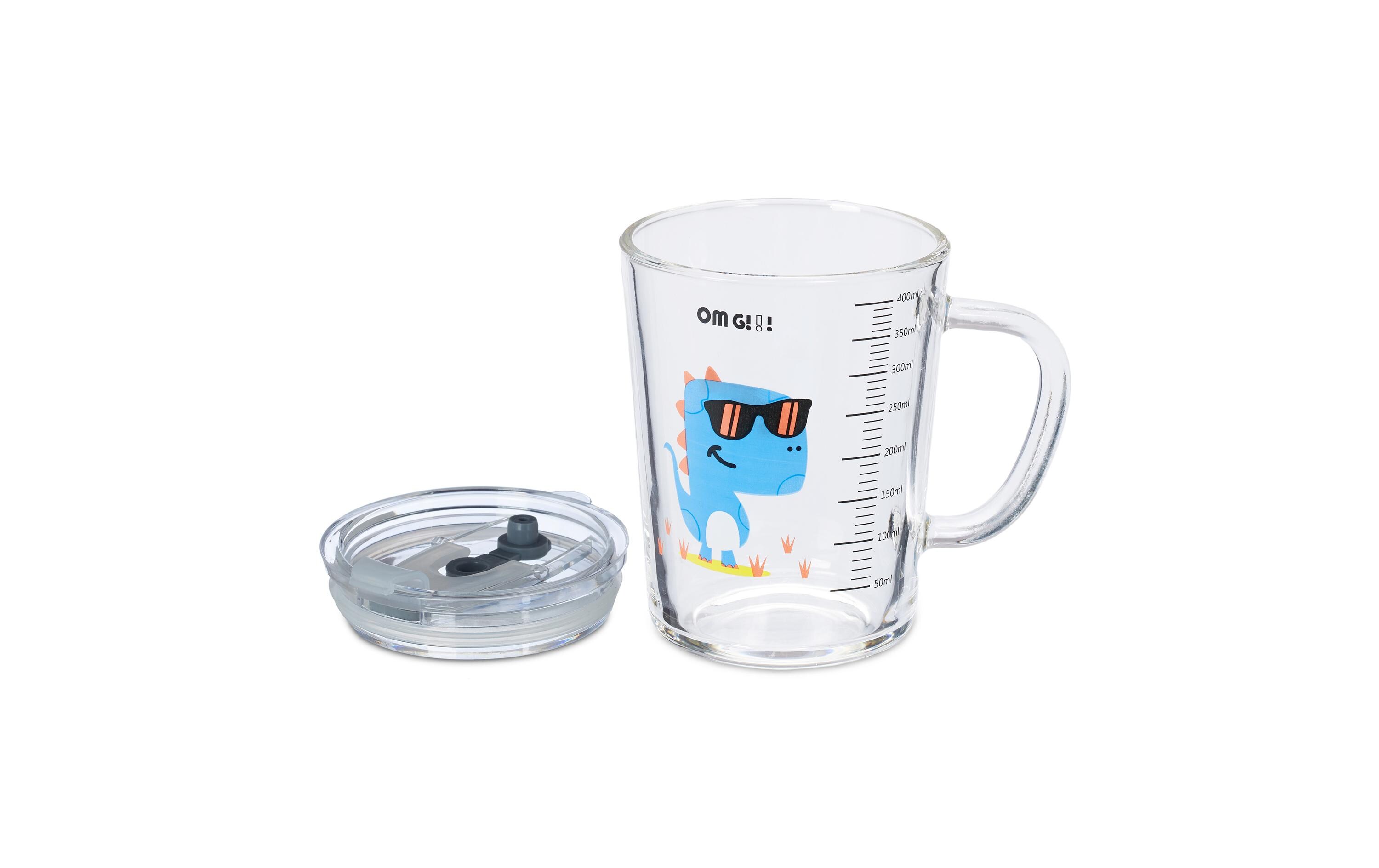 Kindertrinkglas Dino 2 Stück, 400 mlGlas mit Deckel und Strohhalm