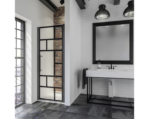 Douchedeur in nis met draaideur SCHULTE Alexa Style 2.0 Black Style ExpressPlus 80 cm profiel zwart glasdecor Atelier vuilafstotende glascoating