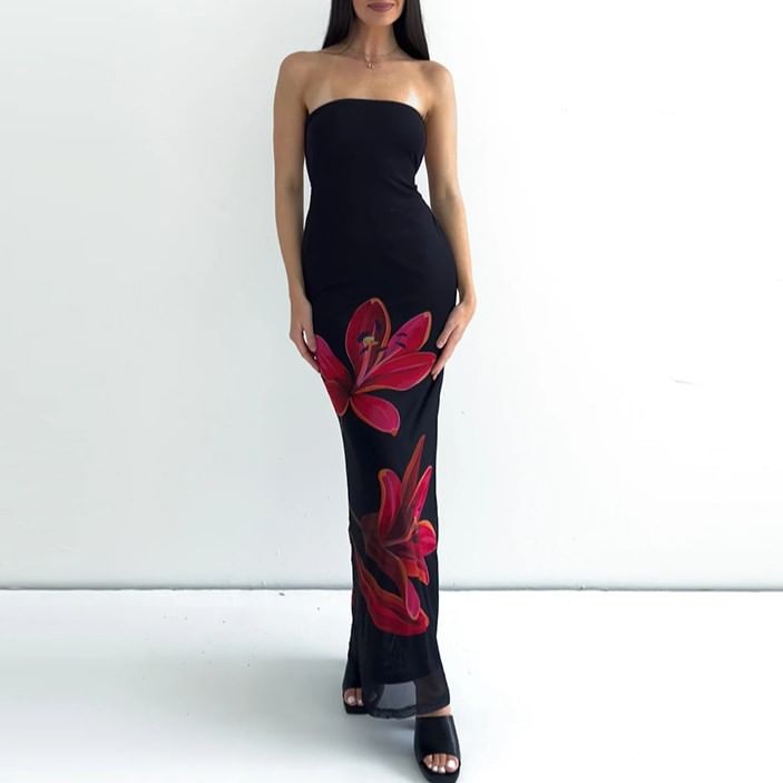 MOONGATE - Strapless maxi-jurk met bloemenprint en open rug