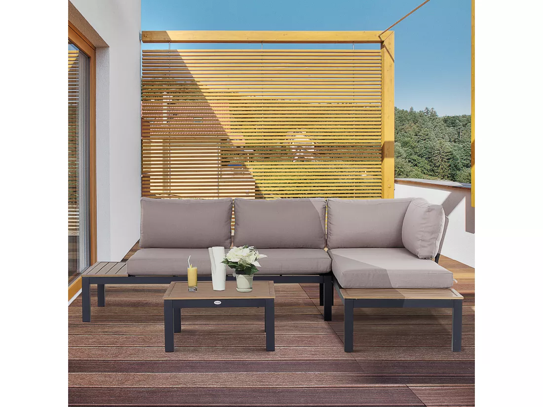 Ensemble salon de jardin d'angle design contemporain 5 places coussins marron table basse alu. noir et imitation bois