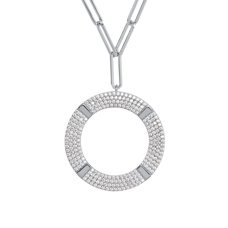 Collier Argent Rhodié Cercle Moderne Sertie De Zirconium Blanc