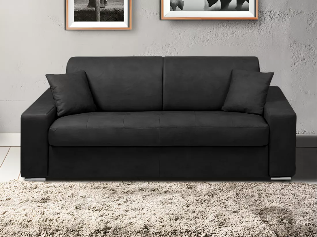 Canapé 3 places convertible express en simili EMIR - Noir - Couchage à lattes larges 140 cm - Matelas 18 cm