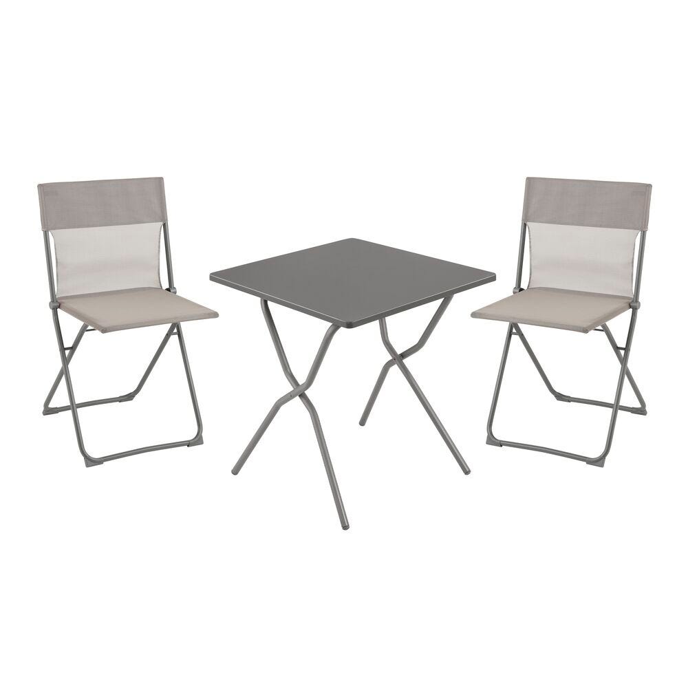 Set 1 quadratischer klappbarer Gartentisch, 2 ultrakompakte Klappstühle Balcony Stahl Titane-Titane