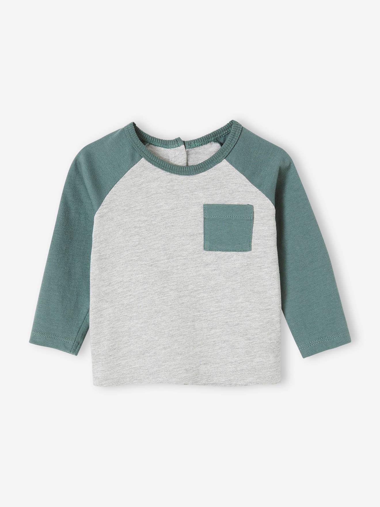 Camiseta infantil de manga raglan com blocos de cores, cinza mescla claro.