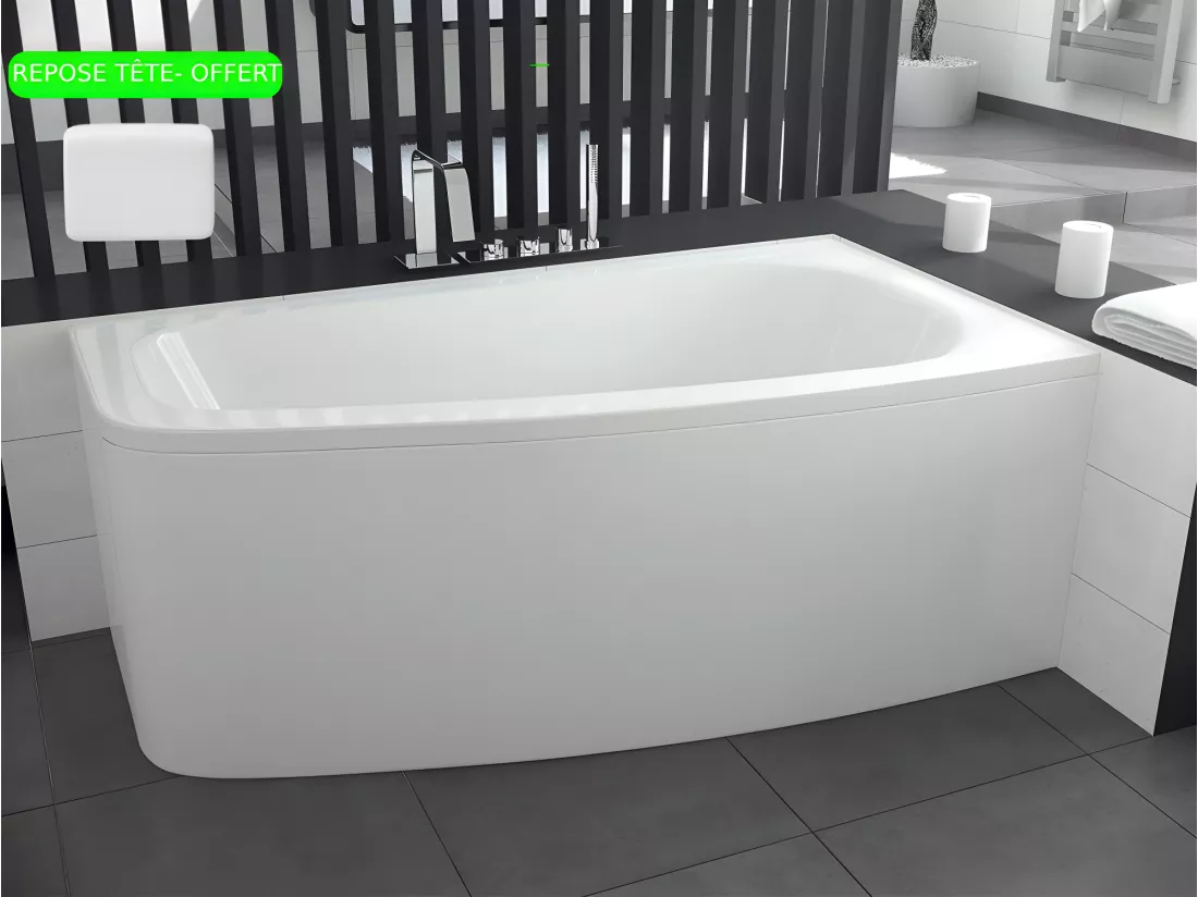 Baignoire asymétrique + tablier blanc + repose tête - LUNA - 150 x 80 cm - Droite