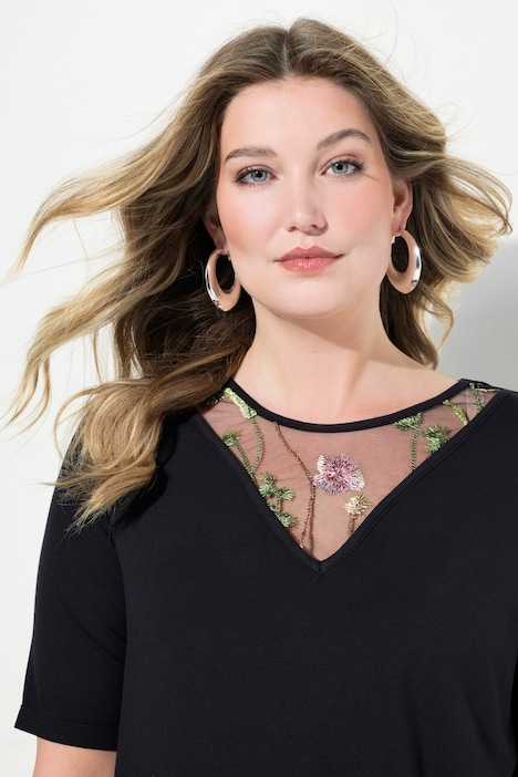 T-Shirt, A-Linie, Blüten-Mesh-Einsatz