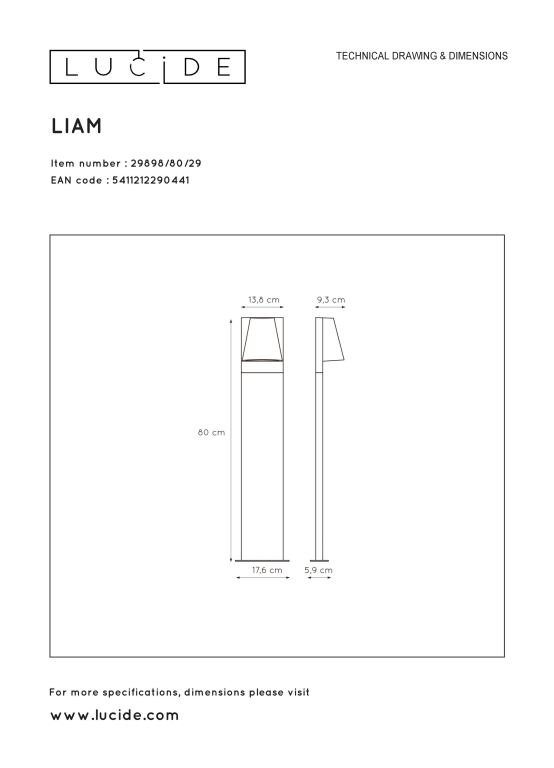 Lucide Liam sokkellamp buiten IP44 zwart