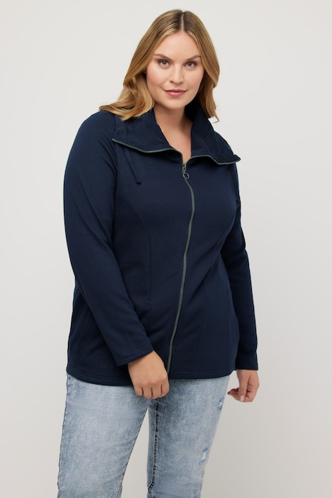 Sweatjacke, drapierter Stehkragen, Kunstleder-Details