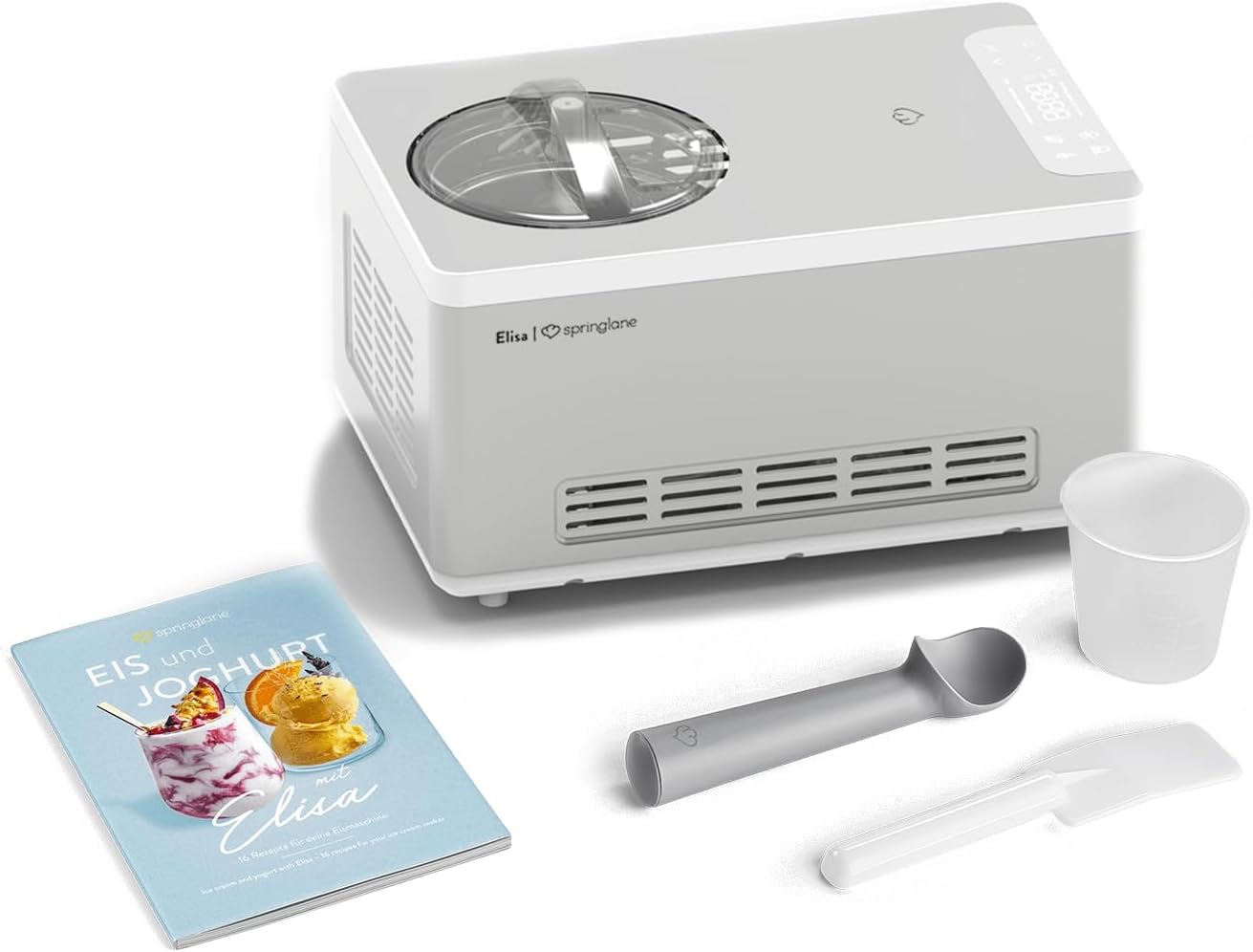 SPRINGLANE Eismaschine & Joghurtbereiter Elisa 2,0 L mit selbstkühlendem Kompressor 220 W, aus Edelstahl mit Kühl- und Heizfunktion, inkl. Rezeptheft (Elisa Silber)